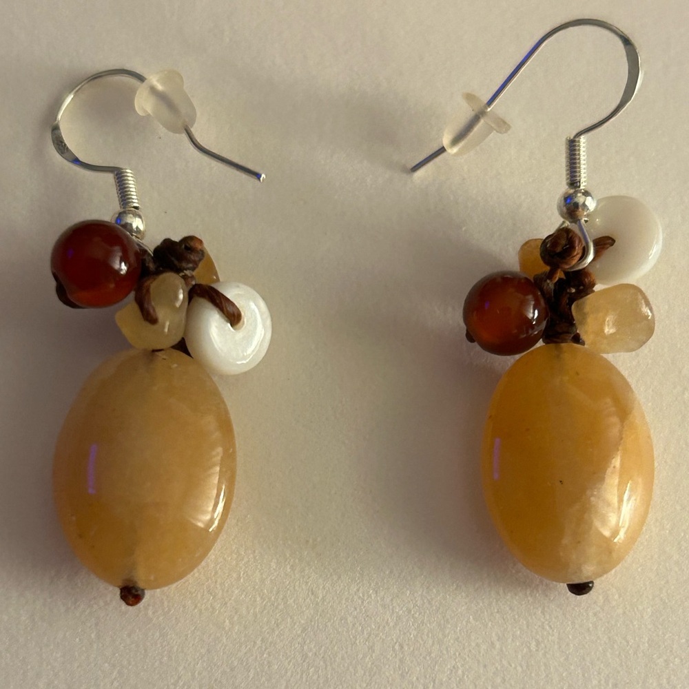 Earrings Sunstone Polished ovals, possibly Garnets & White Onyx, pierced hook